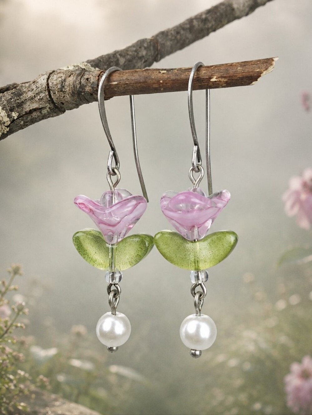 Pink Glass Flower Earrings Cottage Garden Bloom Artisan Hand Crafted